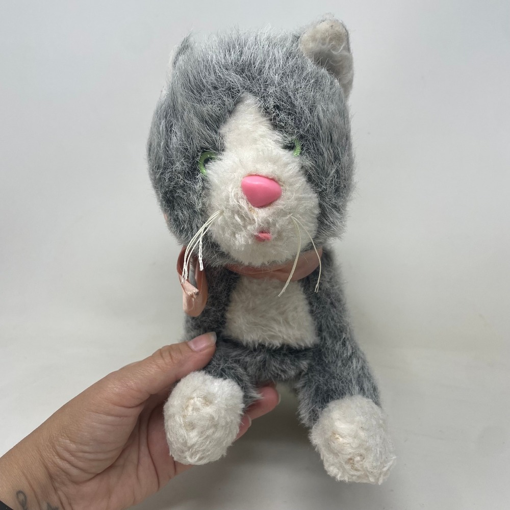 Vintage Grey White Plush Kitten Stuffed Animal Pink Ribbon Green Eyes Standing - Picture 2 of 6